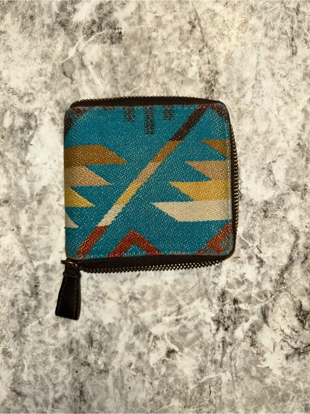 Pendleton Wyeth Trail Zip Wallet Wool Leather Turquoise Geometric